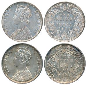 Victoria Empress, Silver Rupee, 1901 (2), Calcutta Mint, C3 / I / C incuse; Bombay Mint, A
