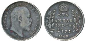 Edward VII, Silver 2 Annas, 1909, Calcutta Mint, (Prid 562). Very Fine+, Rare.