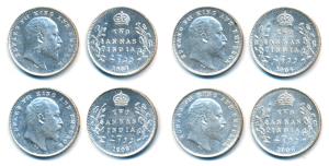 Edward VII, Silver 2 Annas, 1904, 1905, 1907, 1908, All Calcutta Mint, (Prid 557, 558, 560