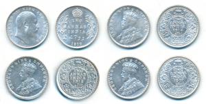 Edward VII & George V, Silver 2 Annas, 1910, 1912, 1914, 1917, Calcutta Mint, (Prid 563, 5