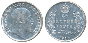 Edward VII, Silver ¼ Rupee, 1910, Bombay Mint, dot on the vine, Unlisted in Pridmore. Very