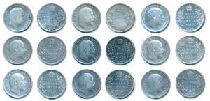 Edward VII, Silver ½ Rupee, 1905, 1906, 1907, 1908, 1909, 1910 (2), Calcutta Mint, No mint