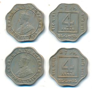 George V, Cupro-Nickel 4 Annas, 1919, Calcutta and Bombay Mint, (Prid 874 & 877). Very Fin