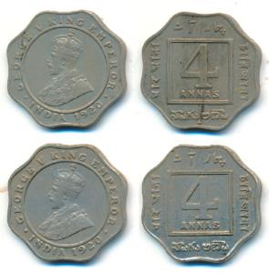 George V, Cupro-Nickel 4 Annas, 1920, Calcutta and Bombay Mint, (Prid 875 & 878). Very Fin
