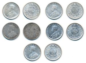 George V, Silver ¼ Rupee, 1913, Bombay Mint (Prid 455); 1918, Calcutta Mint, (Prid 447); 1