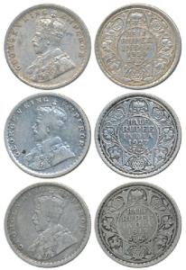George V, Silver ½ Rupee, 1915, 1927, 1930, Calcutta Mint, (Prid 322, 330, 332). Fine+ to 