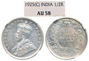 George V, Silver ½ Rupee, 1925, Calcutta Mint, (Prid 328). Graded by NGC AU58.