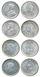 George V & Geroge VI, Silver ½ Rupee, 1934, Calcutta Mint, 1936, 1938 & 1939 both young he