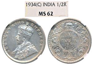 George V, Silver ½ Rupee, 1934, Calcutta Mint, (Prid 334). Graded by NGC MS62.