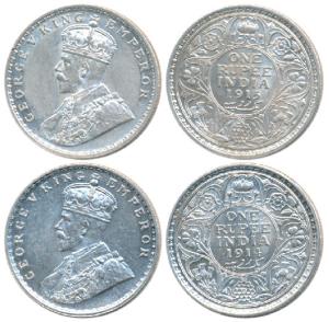 George V, Silver Rupee, 1914, 1915 Calcutta Mint, (Prid 210 & 211). Extremely Fine to Unci