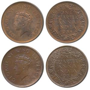 George VI, Bronze ¼ Anna, 1938, 1st head, Calcutta and Bombay Mint, dot over N of ’ONE’, (