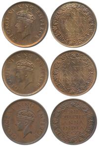 George VI, Bronze ¼ Anna, 1939, Calcutta Mint, 1st head; 2nd Head; Bombay Mint, 1st head, 