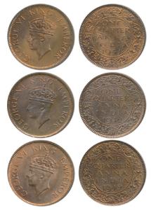 George VI, Bronze ¼ Anna, 1941, Calcutta Mint, 2nd head; 1942, Calcutta Mint, 2nd head; Bo