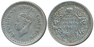 George VI, Half Silver ½ Rupee, 1944, Bombay Mint, B / Ia / Diamond, rev. Letters San Seri