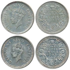 George VI, Half Silver Rupee, 1943, Bombay Mint, B / Ia, Large 3 in date, (Prid 241); A / 
