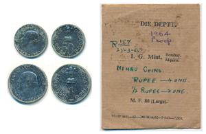 Proof Cupro-Nickle Rupee and ½, 1964, Jawaharlal Nehru. Proof but with slight verdigris, w