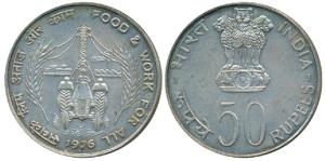 Silver Rupees 50, 1975, Food and Work For All. Uncirculated in Mint state.