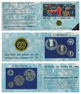 1994 Proof Set, World of work, set of 3, Rupees 5 to 100. In immaculate condition, within 