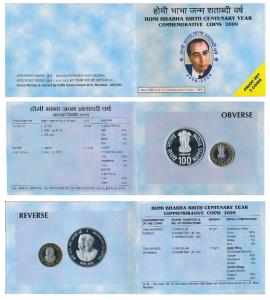 2009 Proof set, Homi Bhabha Birth Centenary, set of Rupees 10 (bi-metal) and 100. In immac