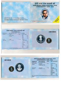2009 Proof set, Homi Bhabha Birth Centenary, set of Rupees 10 (bi-metal) and 100. In immac