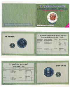 2010 Uncirculated Set, C. Subramaniam Birth Centenary, set of 2, Rupees 5 and 100. In imma