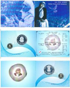 2010 Uncirculated Set, Mother Teresa Birth Centenary, set of 2, Rupees 5 and 100. In immac