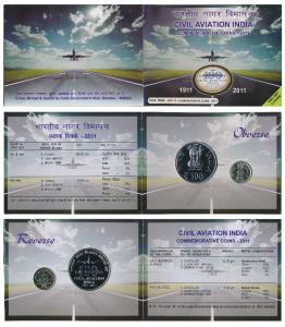 2011 Uncirculated Set, 100 years Civil Aviation India, set of 2, Rupees 5 and 100. In imma