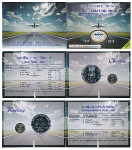 2011 Proof Set, 100 years Civil Aviation India, set of 2, Rupees 5 and 100. In immaculate 