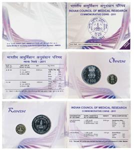 2011 Uncirculated Set, Indian Council of Medical Research, set of 2, Rupees 5 and 100. In 