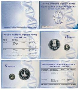 2011 Proof Set, Indian Council of Medical Research, set of 2, Rupees 5 and 100. In immacul