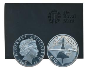 Alderney, Elizabeth, Silver 10 Pounds, 155.55g, Concorde, retired from service, 2008. A la
