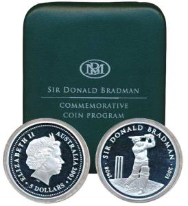 Australia, Sir Donald Bradman, Silver $5, 36.3g, 2001 (KM 761). Proof, in original box of 