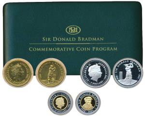 Australia, Sir Donald Bradman, set of 3 Proof, Silver $5, 31.1g; Bi-metal Gold and Silver 