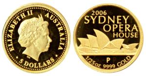 Australia, Elizabeth II, Gold $5, 1.24g, (1/25 oz), Sydney Opera House, 2006. Proof.