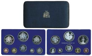 Barbados, 1975 Proof Set, Silver 5 and 10 Dollars, Cupro-Nicklel 2, 1 Dollar, and 25, 10, 
