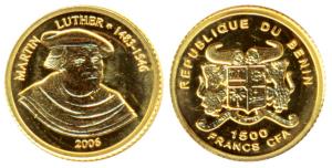 Benin, Gold 1500 Francs, .51g, Martin Luther, 2006. Proof.