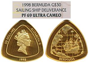 Bermuda, Elizabeth II, Gold Proof Triangle $30, 15.5g, .999 fine, 1998, Ship and a Map on 
