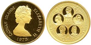 Cayman Islands, Gold 100 Dollars, 22.68g, 1975, rev. portraits of the sovereign Queens of 