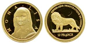 Congo, Gold 10 Francs, .53g, Mona Lisa, 2006. Proof.