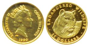 Cook Islands, Gold $25, 1.26g, Endangered Wildlife series, a Tiger on rev., 1990, (KM 85).