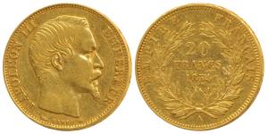 France, Napoleon III, Gold 20 Francs, 6.5g, 1854 A, Paris Mint, bare head variety, (KM 781