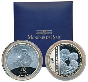 France, Mother Teresa, Silver 10 Euros, 2010, Mother Teresa holding a child on obv., with 