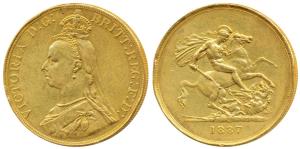 Great Britain, Victoria, Gold 5 Pounds, 40g, Jubilee head, St. George slaying a dragon on 