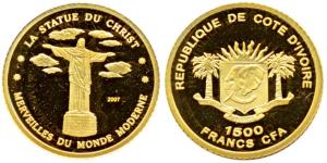 Ivory Coast, Gold 1500 Francs, 1g, Statue of Christ Rio de Janeiro. Proof.