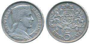 Latvia, Silver 5 lati, 24.95g, 1931, lettered edge (KM 9). Very Fine+.