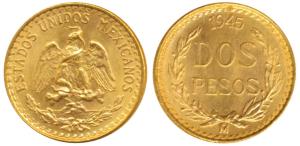 Mexico, Gold Dos or 2 Pesos, 1.68g, 1945, eagle holding a snake in its beak (KM). Fine.