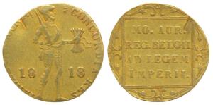 Netherlands, Holland, Gold Trade Ducat, 3.11g, obv. knight standing dividing date 1818, re