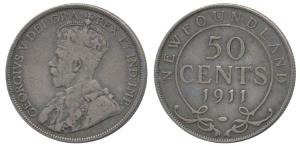Newfoundland, George V, Silver 50 cents, 1911, (KM 12). Very Fine.