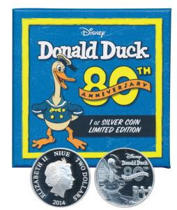 Niue, Elizabeth II, Silver $ 2, 1 oz., 2014, rev. an iconic image of Donald Duck the Walt 