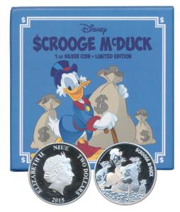 Niue, Elizabeth II, Silver $ 2, 1 oz., 2015, rev. an iconic image of Uncle Scrooge Mc Duck